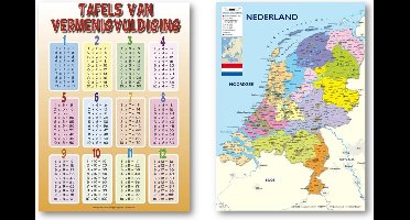 Nederland kaart poster en Tafel van vermenigvuldiging poster - Set van twee posters - 50 x 70 cm