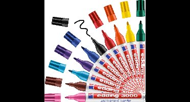 edding 3000 permanent marker - 10 kleuren - 10 stiften - ronde punt 1,5-3 mm - water en wrijfvast - voor karton, kunststof, hout, metaal, etc. - alcohol markers voor volwassenen