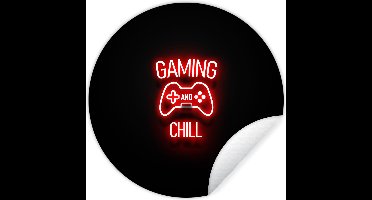 WallCircle® - Behangcirkel 50x50 cm - Muurstickers Gaming - Quotes - Gaming and chill - Neon - Rood - Muurcirkel gaming room - Game kamer decoratie - Gameroom accessoires zelfklevend