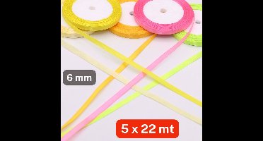 5 Rollen SATIJNLINT ENKELZIJDIG, Breedte 6MM, Mix FLUO KLEUREN (set D), Decoratie voor Bruiloft, Ceremonie, Feest, Verpakking, Cadeau, Verjaardag en Boeket Bloemen