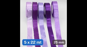 5 Rollen SATIJNLINT ENKELZIJDIG, Breedte 25MM, Mix PAARS (set F), Decoratie voor Bruiloft, Ceremonie, Feest, Verpakking, Cadeau, Verjaardag en Boeket Bloemen