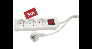 Perel Stekkerdoos met schakelaar, 3 stopcontacten met penaarde (type E), kabel 3 m, 3G1.5, gebruik binnenshuis, wit