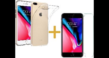 Hoesje geschikt voor Apple iPhone 8 Plus - Siliconen Transparant Hoesje Gel Soft TPU Case Backcover + Tempered Glass Screenprotector 2,5D 9H (Gehard Glas) - 360 graden protectie