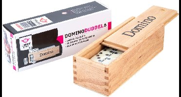 Domino Dubbel 6 Groot – 28 Domino Stenen met Zwarte Ogen & Spinners – Inclusief Houten Kist met Schuifdeksel – Engelhart Games