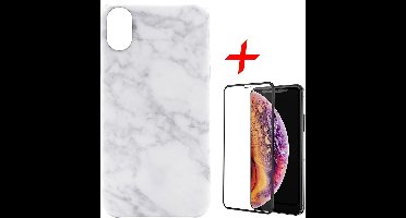 Marmer Hoesje geschikt voor Apple iPhone Xs / X Siliconen TPU Soft Gel Case Wit + Screenprotector Full-Screen Tempered Glass van iCall