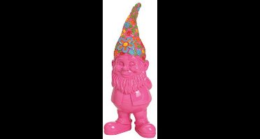 Tuin kabouter in roze met vrolijk gekleurde muts