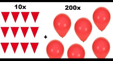 10x Vlaggenlijn 10 meter + 200 Ballonnen rood