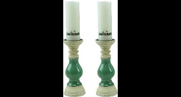 2 x Kaarsenhouder kandelaar - 28 x 12 cm- incl. Bolsius Stompkaars Rustiek Wit 190x68 mm