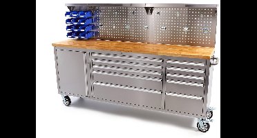 HBM 215 Cm. Gereedschapswagen / Werkbank met Houten Werkblad incl Achterwand