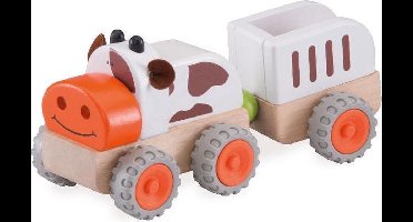 Wonderworld speelgoed tractor koe met aanhanger houten speelgoed.