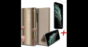 Hoesje geschikt voor iPhone 11 Pro - Screen Protector GlassGuard - Book Case Spiegel Goud & Screenprotector