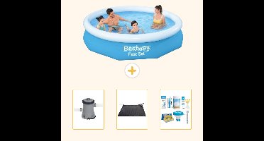 Bestway Rond Opblaasbaar Fast Set Zwembad - 305 x 66 cm - Blauw - Inclusief Pomp - Solar Mat - Onderhoudspakket - 4-delig