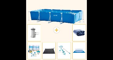 Intex Rechthoekig Frame Zwembad - 450 x 220 x 84 cm - Blauw - Inclusief Onderhoudspakket - Solar Mat - Schoonmaakset - Grondzeil - Zwembadfilterpomp - Solarzeil - 7-delig