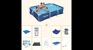 Bestway Rechthoekig Steel Pro Zwembad - 300 x 201 x 66 cm - Blauw - Inclusief Onderhoudspakket - Solar Mat - Ladder - Afdekzeil - Schoonmaakset - Grondzeil - Filter - Voetenbad - Zwembadfilterpomp - 10-delig