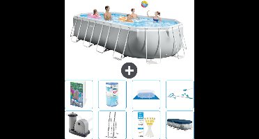 Intex Ovaal Prism Frame Zwembad - 610 x 305 x 122 cm - Grijs - Inclusief Pomp - Ladder - Grondzeil - Afdekzeil - Filter - Schoonmaakset - 9-delig