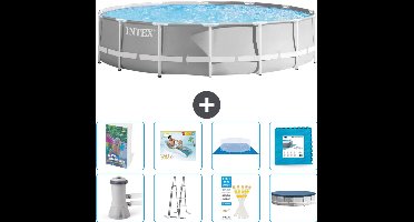Intex Rond Prism Frame Zwembad - 427 x 107 cm - Grijs - Inclusief Pomp - Ladder - Grondzeil - Afdekzeil - Loungebed - Vloertegels - 9-delig