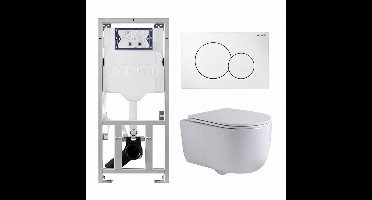 QeramiQ Dely Swirl Toiletset - 36.5x53cm - Geberit UP320 inbouwreservoir - met Burda frame - slim zitting - witte sigma bedieningsplaat - ronde knoppen - glans wit