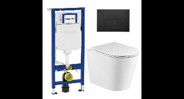QeramiQ Dely Toiletset - 36.3x51.7cm - diepspoel - rimless - Geberit UP320 inbouwreservoir - met Burda frame - softclose toiletzitting - mat zwarte bedieningsplaat - rechtehoekige knoppen - wit glans