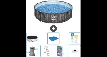 Bestway Rond Steel Pro MAX Zwembad - Houtprint - 427 x 107 cm - Inclusief Pomp - Ladder - Afdekzeil - Grondzeil - Verlichting - 8-delig