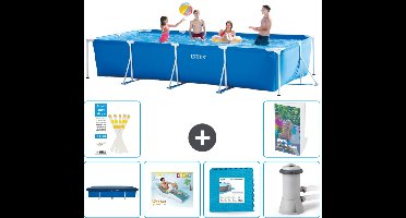Intex Rechthoekig Frame Zwembad - 450 x 220 x 84 cm - Blauw - Inclusief Afdekzeil - Loungebed - Vloertegels - Zwembadfilterpomp - 7-delig