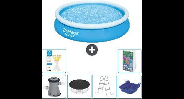 Bestway Rond Opblaasbaar Fast Set Zwembad - 366 x 76 cm - Blauw - Inclusief Pomp Afdekzeil - Ladder - Voetenbad - 7-delig