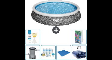 Bestway Rond Opblaasbaar Fast Set Zwembad - Rotanprint - 396 x 84 cm - Inclusief Pomp Onderhoudspakket - Grondzeil - Solarzeil - 7-delig