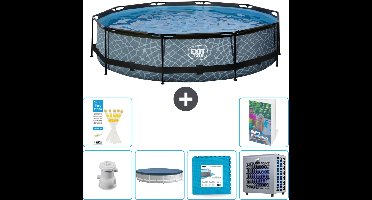 EXIT Rond Stone Frame Zwembad - 360 x 76 cm - Inclusief Pomp Afdekzeil - Vloertegels - Warmtepomp - 7-delig