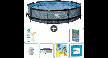 EXIT Rond Stone Frame Zwembad - 360 x 76 cm - Inclusief Pomp Afdekzeil - Onderhoudspakket - Vloertegels - 7-delig