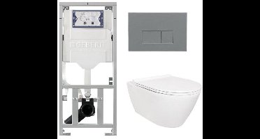 QeramiQ Salina Toiletset - rimless - Geberit inbouwreservoir - diepspoel wandcloset - softclose - quickrelease - bedieningspaneel met bedieningsplaat licht grijs - rechthoekige knoppen - glans wit