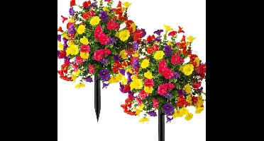 2 stuks kunstmatige bolvormige margrietbomen - met grondpen - nep buxusstruiken - UV-bestendig - buitenplanten, kunstplanten, groenblijvende boom met violette bloemen voor tuin, veranda, terras en patio