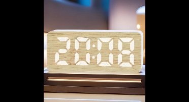 Multifunctionele wekker met timer en groot scherm, LED-digitaal display, elektronische klok met bamboe-patroon, digitale klok, minimalistische stijl (Wit)