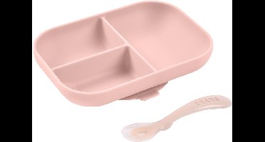 Béaba Siliconen Eetset - Bord met 3 Vakjes en Lepel - Kinderservies met Zuignap - Vaatwasserbestendig Kinderservies - Roze