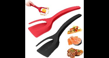 2 Stuks Eierflipper Spatel, 2 In 1 Antiaanbaklaag Frituurtang En Flip Spatel Gebakken Eierdraaiers Hittebestendige Voedseltang Schop Kookgereedschap Voor Pannenkoek Vis Franse Toast Omelet Maken, Zwart En Rood
