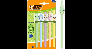 BIC Cristal Pastel Figurines Balpennen – Blauw Medium (1.0 mm) – Kawaii Dieren (Koe, Eenhoorn, Hagedis, Dolfijn, Kip) – Set van 5