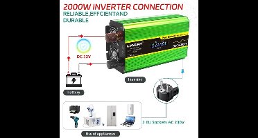 Omvormer – Spanningsomvormer – Stroomomvormer – Inverter – Converter – 2000W Zuivere Sinusgolf – 2x Stopcontacten & 4x USB Poorten