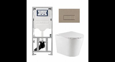 QeramiQ Dely Toiletset - 36.3x51.7cm - diepspoel - rimless - Geberit UP320 inbouwreservoir - met Burda frame - softclose toiletzitting - bedieningsplaat taupe - rechthoekige knoppen - wit mat