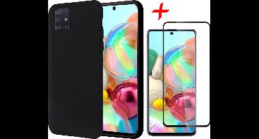 Hoesje geschikt voor Samsung A71 en Screenprotector - Liquid Siliconen Case Zwart + Screenprotector Full
