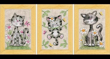 Vervaco - Miniatuur telpakket kit - Poezen met bloemen set van 3 - PN-0147743 - Borduren - Borduurpakket - Borduurpakket volwassenen - Borduurpakket kind
