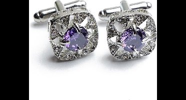 Manchetknopen - Zilver Kleine Steentjes en Paarse Steen