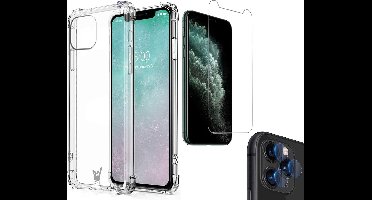 Hoesje geschikt voor iPhone 11 Pro - Screenprotector GlassGuard & Camera Lens Screen Protector - Back Cover Case ShockGuard Transparant