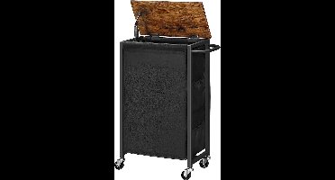 Navada wasmand op wieltjes met deksel - wasmand met wieltjes - wassorteerder met zijvakken en handvat - 43.3 ltr- tas van Oxford-stof - ruimtebesparend - rustiek bruin en zwart - 40 x 23 x 73 cm (L x B x H)