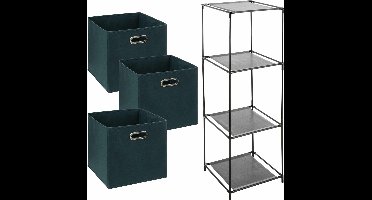 Kastmandjes/opberg manden - emerald groen - 3x stuks van 29 Liter - In metalen rekje van 34 x 98 cm