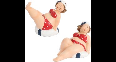 Woonkamer decoratie beeldjes set van 2 dikke dames - rood badpak - 10 cm