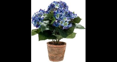 Bellatio Flowers & Plants Kunstplant Hortensia - blauw - 37 cm - in ronde terracotta pot - nepplant