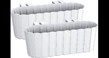 Balkon plantenbak/bloembak - Set van 2x stuks - met haken - kunststof - rechthoekige - wit - 38 cm - Tuin/balkon decoraties