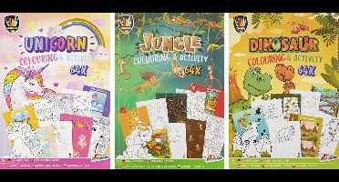 Kleur- en activiteitenboeken 3pcs - Vakantieboek voor Kinderen - Unicorn, jungle en dino activiteitenboek - Zoek de Verschillen - Kleurplaten - Doeboek - Opdrachtenboekje - Geschikt voor kinderen vanaf 3+ jaar