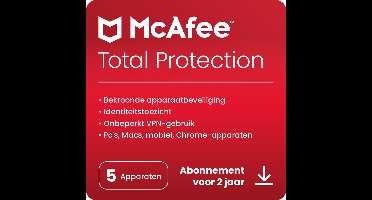 McAfee Total Protection incl VPN - Beveiligingssoftware - 2 jaar/5 Apparaten - NL & BE - PC, Mac, iOS & Android Download