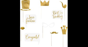 PartyDeco foto prop set Gold - Bruiloft - goud/wit - set 30x stuks - 7-22 cm
