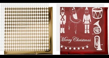Deco folie en transfer vel, goud, rood, wit, notenkraker, kerstman en ballerina, 15x15 cm, 4 vel/ 1 doos
