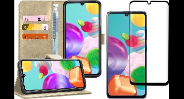 Hoesje geschikt voor Samsung Galaxy A41 - Screen Protector FullGuard - Book Case Kunstleer Pasjeshouder Goud & Screenprotector